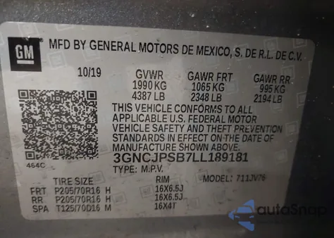 2020 Chevrolet Trax Awd Lt z USA, uszkodzony, nr VIN 3GNCJPSB7LL189181